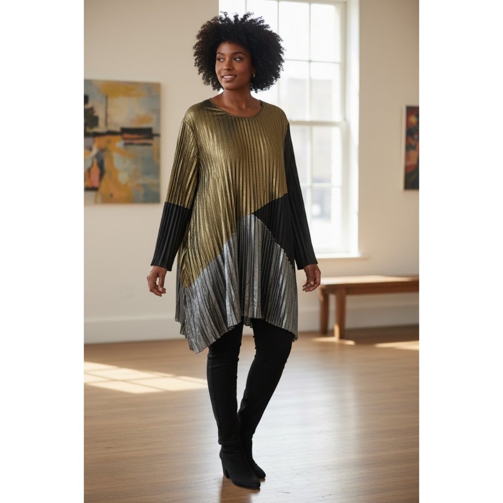 Nwt Marina Rinaldi Pleated Georgette Tunic Top Metallic Gold Silver Black Us 24